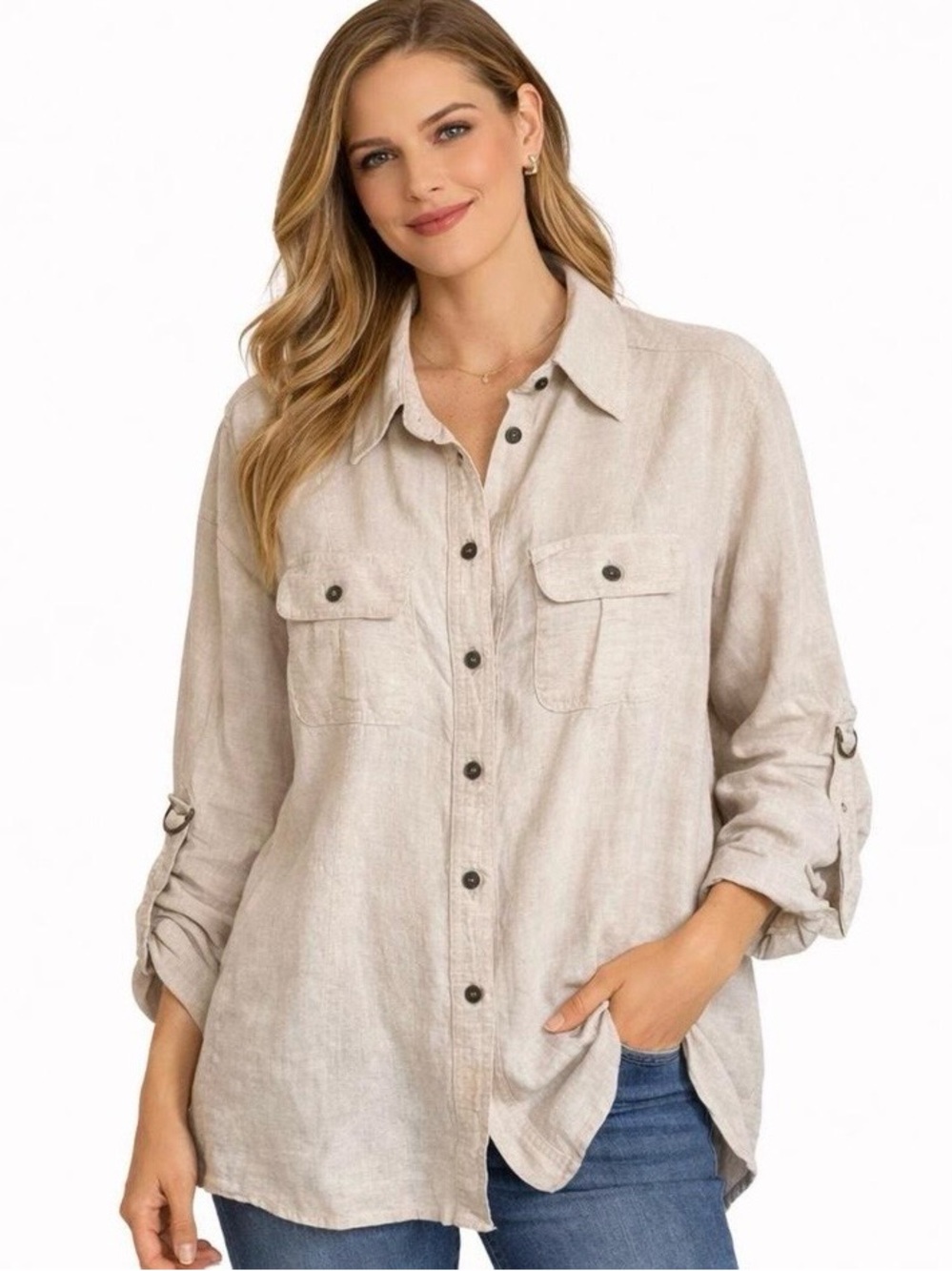 Style & Co. Top Women’s 4P Light Beige Button-Front 100% Linen NEW WITHOUT TAGS!